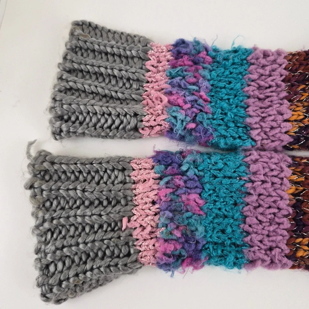Boho Multi Color Striped Chunky Knit Fingerless Gloves Arm Warmers One Size